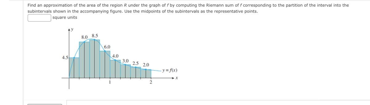 Find an approximation of the area of the region R under the graph of f by computing the Riemann sum of f corresponding to the partition of the interval into the
subintervals shown in the accompanying figure. Use the midpoints of the subintervals as the representative points.
square units
4.5
8.0 8.5
6.0
4.0
3.0 2.5 2.0
2
- y = f(x)
X