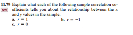 11.79 Explain what each of the following sample correlation co-
NW efficients tells you about the relationship between the x
and y values in the sample:
a. r = 1
b. r = -1
c. r=0
