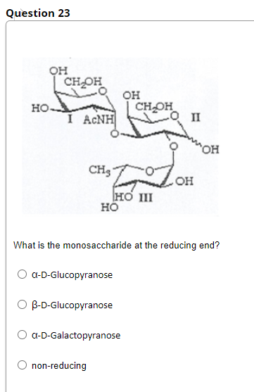 Question 23
он
CHOH
он
CHOH
но-
I ACNH
он
CH3
HO
HO III
но
What is the monosaccharide at the reducing end?
O a-D-Glucopyranose
O B-D-Glucopyranose
O a-D-Galactopyranose
O non-reducing
