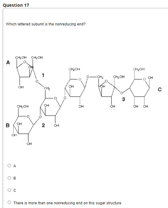 Question 17
Which lettered subunit is the nonreducing end?
CHCH CHOH
A
CHOH
CHOH
1
CH2
CHOH
OH
OH
`CH
3
OH
CHOH
OH
он
OH
он
в
OH
2
OH
OH
CH
A
В
O There is more than one nonreducing end on this sugar structure

