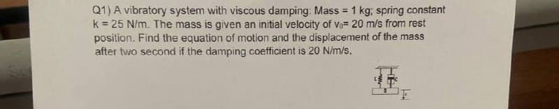 Q1) A vibratory system with viscous damping: Mass = 1 kg; spring constant
k = 25 N/m. The mass is given an initial velocity of vo= 20 m/s from rest
position. Find the equation of motion and the displacement of the mass
after two second if the damping coefficient is 20 N/m/s,
+