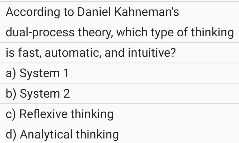 According to Daniel Kahneman's
dual-process theory, which type of thinking
is fast, automatic, and intuitive?
a) System 1
b) System 2
c) Reflexive thinking
d) Analytical thinking