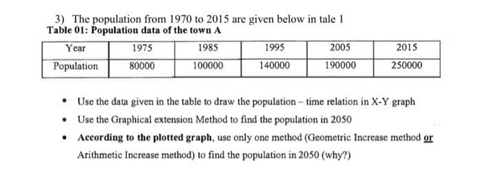 3) The population from 1970 to 2015 are given below in tale 1
Table 01: Population data of the town A
Year
1975
1985
Population
80000
100000
1995
140000
2005
190000
2015
250000
•
Use the data given in the table to draw the population - time relation in X-Y graph
•
Use the Graphical extension Method to find the population in 2050
• According to the plotted graph, use only one method (Geometric Increase method or
Arithmetic Increase method) to find the population in 2050 (why?)