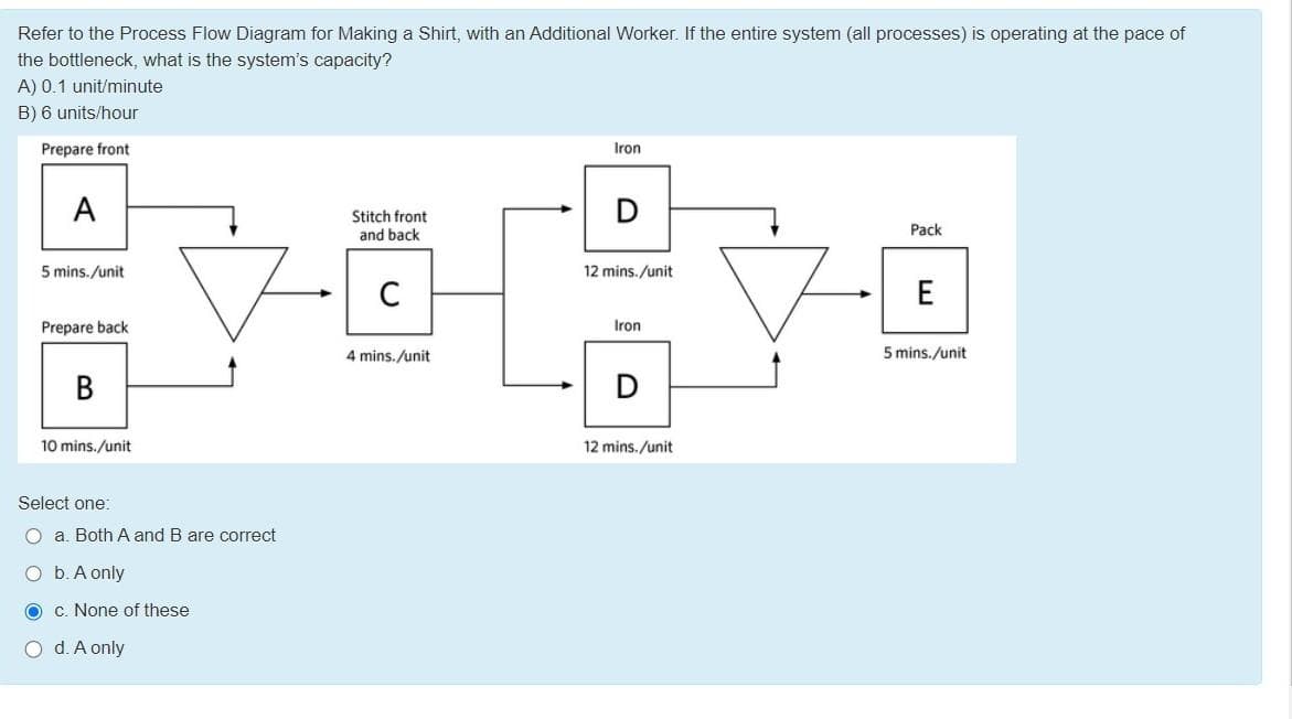 Refer to the Process Flow Diagram for Making a Shirt, with an Additional Worker. If the entire system (all processes) is operating at the pace of
the bottleneck, what is the system's capacity?
A) 0.1 unit/minute
B) 6 units/hour
Prepare front
A
5 mins./unit
12 mins./unit
C
+++++
Iron
Prepare back
B
10 mins./unit
Select one:
O a. Both A and B are correct
O b. A only
O
O d. A only
c. None of these
Stitch front
and back
Iron
4 mins./unit
12 mins./unit
Pack
E
5 mins./unit
