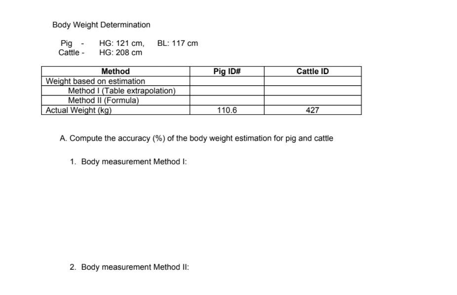 Body Weight Determination
Pig -
Cattle -
HG: 121 cm, BL: 117 cm
HG: 208 cm
Method
Pig ID#
Cattle ID
Weight based on estimation
Method I (Table extrapolation)
Method II (Formula)
Actual Weight (kg)
110.6
427
A. Compute the accuracy (%) of the body weight estimation for pig and cattle
1. Body measurement Method I:
2. Body measurement Method II:
