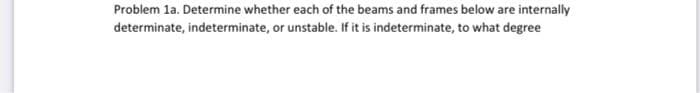 Problem 1a. Determine whether each of the beams and frames below are internally
determinate, indeterminate, or unstable. If it is indeterminate, to what degree