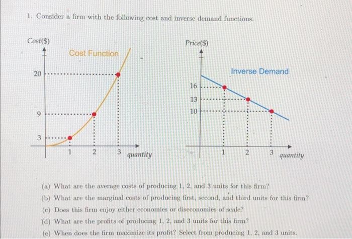 1. Consider a firm with the following cost and inverse demand functions.
Cost($)
20
3
Cost Function
N
3 quantity
Price($)
16
13
30
10
Inverse Demand
quantity
(a) What are the average costs of producing 1, 2, and 3 units for this firm?
(b) What are the marginal costs of producing first, second, and third units for this firm?
(c) Does this firm enjoy either economies or diseconomies of scale?
(d) What are the profits of producing 1, 2, and 3 units for this firm?
(e) When does the firm maximize its profit? Select from producing 1, 2, and 3 units.
