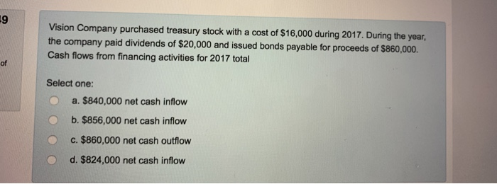 19
of
Vision Company purchased treasury stock with a cost of $16,000 during 2017. During the year,
the company paid dividends of $20,000 and issued bonds payable for proceeds of $860,000.
Cash flows from financing activities for 2017 total
Select one:
a. $840,000 net cash inflow
b. $856,000 net cash inflow
c. $860,000 net cash outflow
d. $824,000 net cash inflow