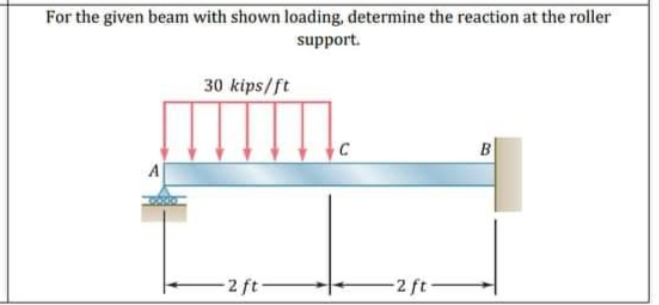 For the given beam with shown loading, determine the reaction at the roller
support.
30 kips/ft
-2 ft-
2 ft
