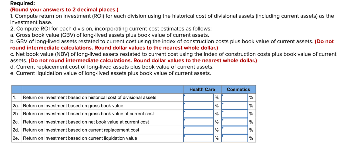 Required:
(Round your answers to 2 decimal places.)
1. Compute return on investment (ROI) for each division using the historical cost of divisional assets (including current assets) as the
investment base.
2. Compute ROI for each division, incorporating current-cost estimates as follows:
a. Gross book value (GBV) of long-lived assets plus book value of current assets.
b. GBV of long-lived assets restated to current cost using the index of construction costs plus book value of current assets. (Do not
round intermediate calculations. Round dollar values to the nearest whole dollar.)
c. Net book value (NBV) of long-lived assets restated to current cost using the index of construction costs plus book value of current
assets. (Do not round intermediate calculations. Round dollar values to the nearest whole dollar.)
d. Current replacement cost of long-lived assets plus book value of current assets.
e. Current liquidation value of long-lived assets plus book value of current assets.
1. Return on investment based on historical cost of divisional assets
2a. Return on investment based on gross book value
2b. Return on investment based on gross book value at current cost
2c. Return on investment based on net book value at current cost
2d. Return on investment based on current replacement cost
2e. Return on investment based on current liquidation value
Health Care
%
%
%
%
%
%
Cosmetics
%
%
%
%
%
%