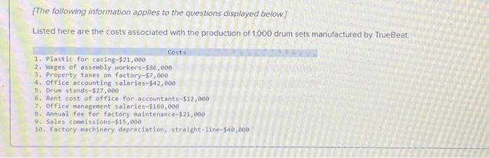 [The following information applies to the questions displayed below]
Listed here are the costs associated with the production of 1,000 drum sets manufactured by TrueBeat.
Costs
1. Plastic for casing-$21,000
2. Wages of assembly workers-$86,000
3. Property taxes on factory-$7,000
4. Office accounting salaries-$42,000
5. Drum stands-$27,000
6. Rent cost of office for accountants-$12,000
7. Office management salaries-$180,000
8. Annual fee for factory maintenance-$21,000
9. Sales commissions-$15,000
10. Factory machinery depreciation, straight-line-$40,000