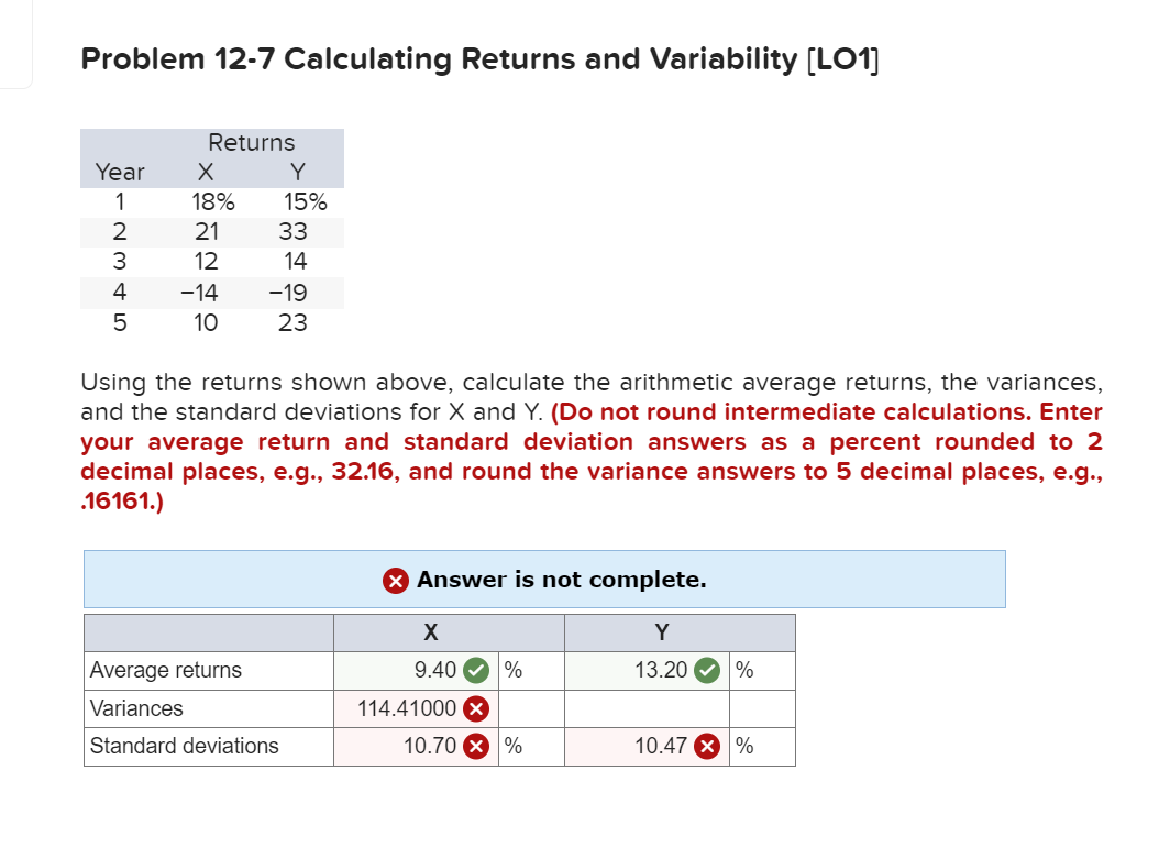 Problem 12-7 Calculating Returns and Variability [LO1]
Returns
Year
Y
18% 15%
TH
21
33
12
14
-14 -19
10
23
12345
Using the returns shown above, calculate the arithmetic average returns, the variances,
and the standard deviations for X and Y. (Do not round intermediate calculations. Enter
your average return and standard deviation answers as a percent rounded to 2
decimal places, e.g., 32.16, and round the variance answers to 5 decimal places, e.g.,
.16161.)
Average returns
Variances
Standard deviations
X Answer is not complete.
Y
13.20
X
9.40
114.41000
10.70
%
%
%
10.47 × %