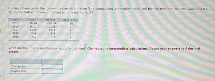 You have been given the following return information for a mutual fund, the morket index, and the risk-free rate. You also know that the
return correlation between the fund and the market is 97.
Year
Fund
Market
Risk-Free
2015
-20.6%
25.1
13.9
7.6
-2.1
-39.5%
1%
2016
21.0
13.9
2017
2018
8.B
2019
-5.2
What ore the Sharpe and Treynor ratios for the fund? (Do not round intermediate calculations. Round your answers to 4 decimal
places.)
Sharpe ratio
Treynor ratio
