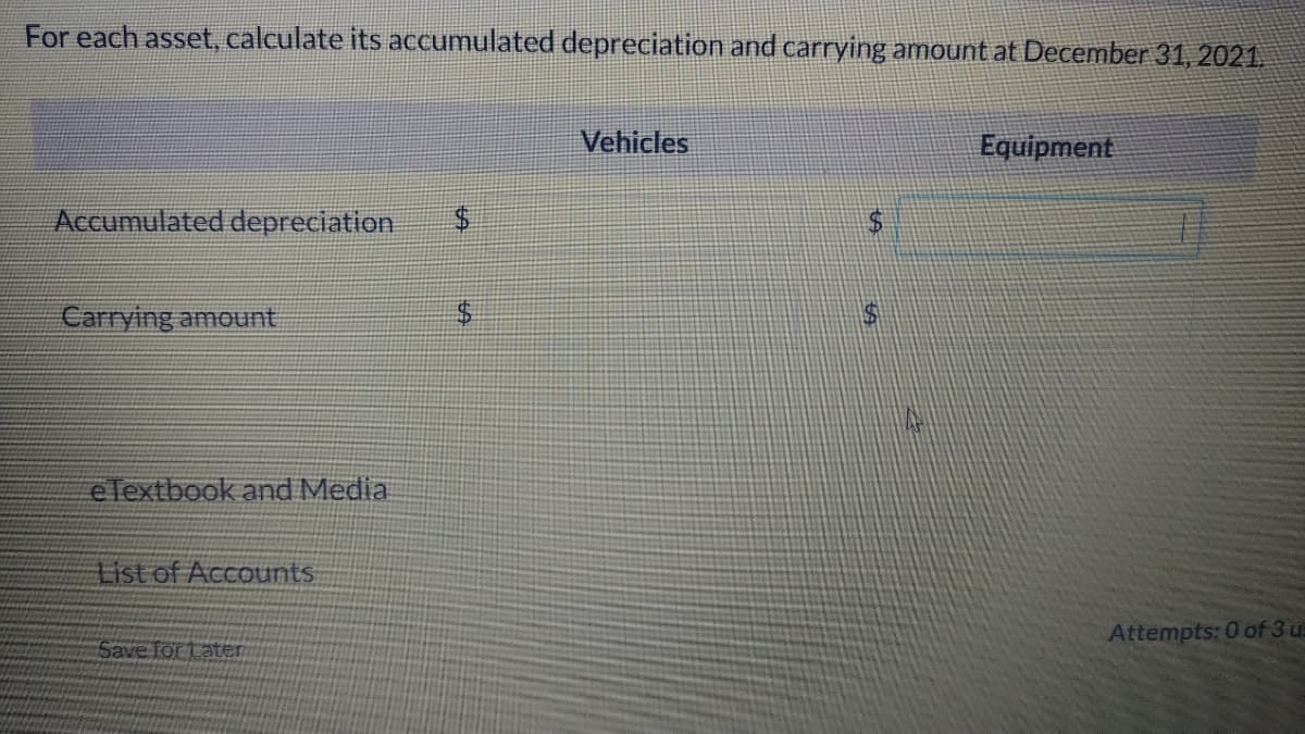 For each asset, calculate its accumulated depreciation and carrying amount at December 31, 2021.
Vehicles
Equipment
Accumulated depreciation
Carrying amount
eTextbook and Media
List of Accounts
Save for Later
Attempts: 0 of 3 u