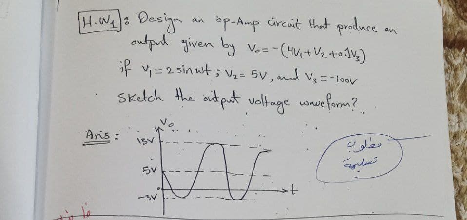 [H.W₁]: Design
op-Amp circuit that produce
output given by V₂ = -(4V₁ + V₂ +0:11₂)
if v₁ = 2 sin wt ; V₂ = 5V, and V₂ = -100v
Sketch the output voltage waveform?
Aris:
13V
5V
an
→→t
مطلوب
تسليمة
an