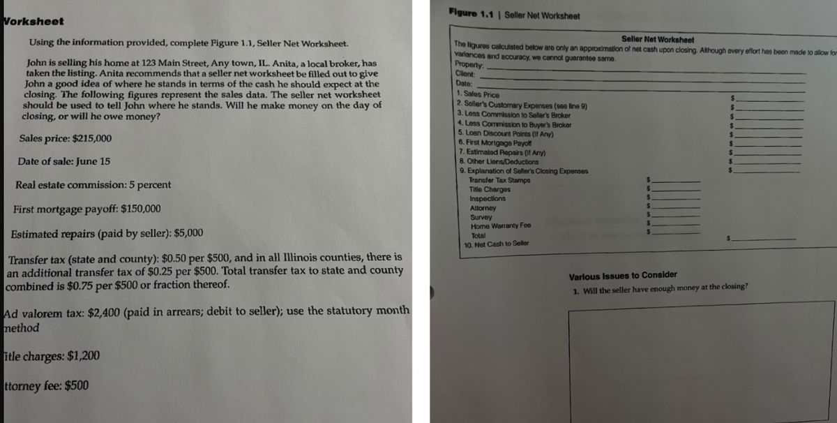 Figure 1.1 | Seller Net Worksheet
Vorksheet
Seller Net Worksheet
Using the information provided, complete Figure 1.1, Seller Net Worksheet.
John is selling his home at 123 Main Street, Any town, IL. Anita, a local broker, has
taken the listing. Anita recommends that a seller net worksheet be filled out to give
John a good idea of where he stands in terms of the cash he should expect at the
closing. The following figures represent the sales data. The seller net worksheet
should be used to tell John where he stands. Will he make money on the day of
closing, or will he owe money?
The ligures calculated below are only an approximation of net cash upon closing. Although every effort has been made to allow for
variances and accuracy, we cannot guarantee same
Property
Client:
Dato:
1. Sales Price
2. Soller's Customary Expenses (see line 9)
$.
%24
3. Less Commission to Seller's Broker
$.
%24
4. Less Commission to Buyer's Broker
5. Loan Discount Polnts (II Any)
6. First Mortgage Payof
7. Estimated Repairs (If Any)
8. Other Llens/Deductions
9. Explanation of Seller's Closing Expenses
%24
$.
24
Sales price: $215,000
%24
Date of sale: June 15
24
%24
Transfer Tax Stamps
Ttle Charges
Inspections
2$
Real estate commission: 5 percent
$4
%24
First mortgage payoff: $150,000
%24
%24
Allorney
Survey
Home Warranty Fee
$.
%24
Estimated repairs (paid by seller): $5,000
Total
10. Net Cash to Seller
Transfer tax (state and county): $0.50 per $500, and in all Illinois counties, there is
an additional transfer tax of $0.25 per $500. Total transfer tax to state and county
combined is $0.75 per $500 or fraction thereof.
Varlous Issues to Consider
1. Will the seller have enough money at the closing?
Ad valorem tax: $2,400 (paid in arrears; debit to seller); use the statutory month
method
itle charges: $1,200
ttorney fee: $500
