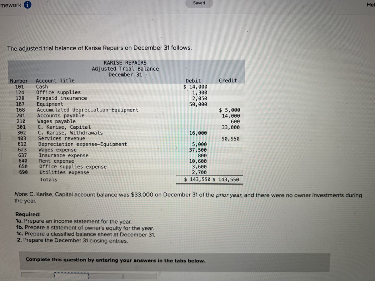 mework
The adjusted trial balance of Karise Repairs on December 31 follows.
Number Account Title
101
124
Cash
Office supplies
Prepaid insurance
128
167
Equipment
168 Accumulated depreciation-Equipment
201
210
301
302
403
612
623
637
640
650
690
Accounts payable
Wages payable
KARISE REPAIRS
Adjusted Trial Balance
December 31
C. Karise, Capital
C. Karise, Withdrawals
Services revenue
Depre
Wages expense
Insurance expense
expense-Equip
Rent expense
Office supplies expense
Utilities expense
Totals
Saved
Required:
1a. Prepare an income statement for the year.
1b. Prepare a statement of owner's equity for the year.
1c. Prepare a classified balance sheet at December 31.
2. Prepare the December 31 closing entries.
Debit
$ 14,000
1,300
2,050
50,000
Credit
$ 5,000
14,000
600
33,000
90,950
16,000
5,000
37,500
800
10,600
3,600
2,700
$ 143,550 $ 143,550
Note: C. Karise, Capital account balance was $33,000 on December 31 of the prior year, and there were no owner investments during
the year.
Complete this question by entering your answers in the tabs below.
Hell