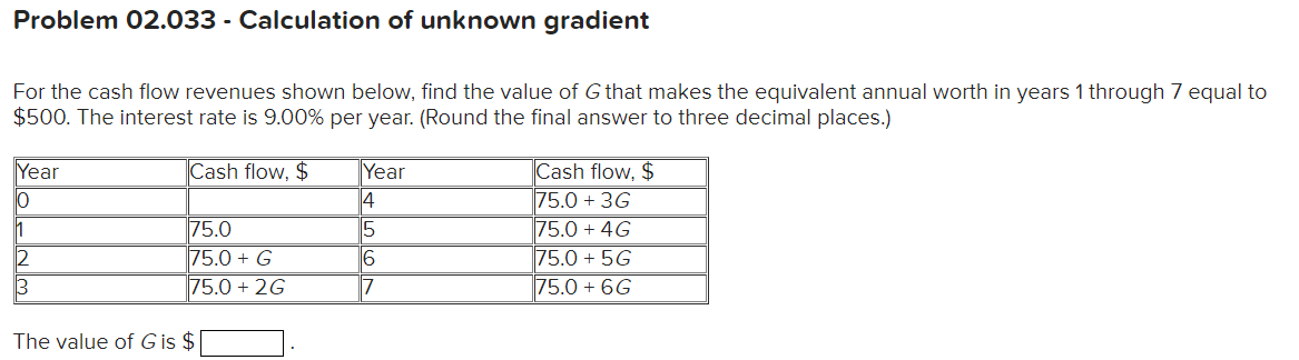 Problem 02.033- Calculation of unknown gradient
For the cash flow revenues shown below, find the value of G that makes the equivalent annual worth in years 1 through 7 equal to
$500. The interest rate is 9.00% per year. (Round the final answer to three decimal places.)
Cash flow, $
Year
0
1
2
3
75.0
75.0+ G
75.0+ 2G
The value of G is $
Year
4
15
16
7
Cash flow, $
75.0 + 3G
75.0 + 4G
75.0 + 5G
75.0 + 6G