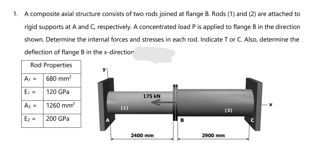 1. A composite axial structure consists of two rods joined at flange B. Rods (1) and (2) are attached to
rigid supports at A and C, respectively. A concentrated load P is applied to flange B in the direction
shown. Determine the internal forces and stresses in each rod. Indicate T or C. Also, determine the
deflection of flange B in the x-direction
Rod Properties
y
A1 =
680 mm?
E1 =
120 GPa
175 kN
A2 =
1260 mm?
(1)
(2)
E2 =
200 GPa
2400 mm
2900 mm
