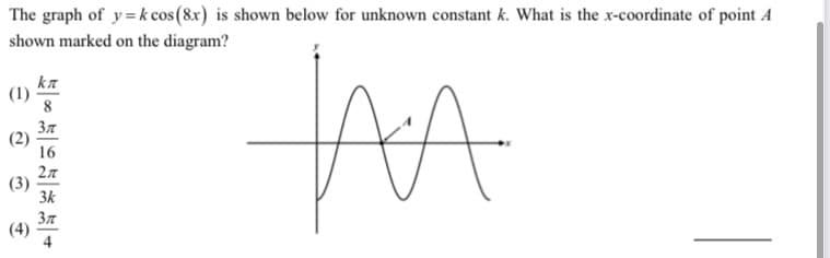 The graph of y= k cos(8x) is shown below for unknown constant k. What is the x-coordinate of point A
shown marked on the diagram?
kn
(1)
8
Зл
(2)
16
2л
(3)
3k
Зл
(4)
