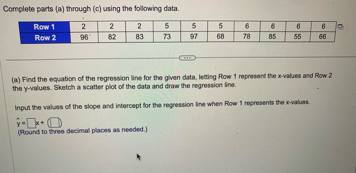 Complete parts (a) through (c) using the following data.
Row 1
Row 2
2
2
2
5
5
5
6
6
6
6
96*
82
83
73
97
68
78
85.
55
66
NO
(a) Find the equation of the regression line for the given data, letting Row 1 represent the x-values and Row 2
the y-values. Sketch a scatter plot of the data and draw the regression line.
Input the values of the slope and intercept for the regression line when Row 1 represents the x-values.
= x+
(Round to three decimal places as needed.)