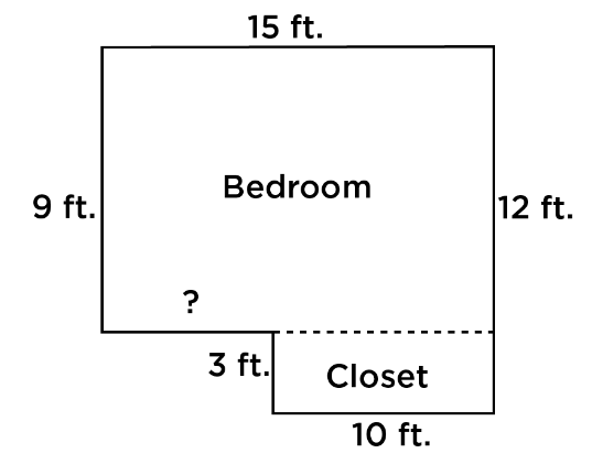 9 ft.
?
15 ft.
Bedroom
12 ft.
3 ft.
Closet
10 ft.