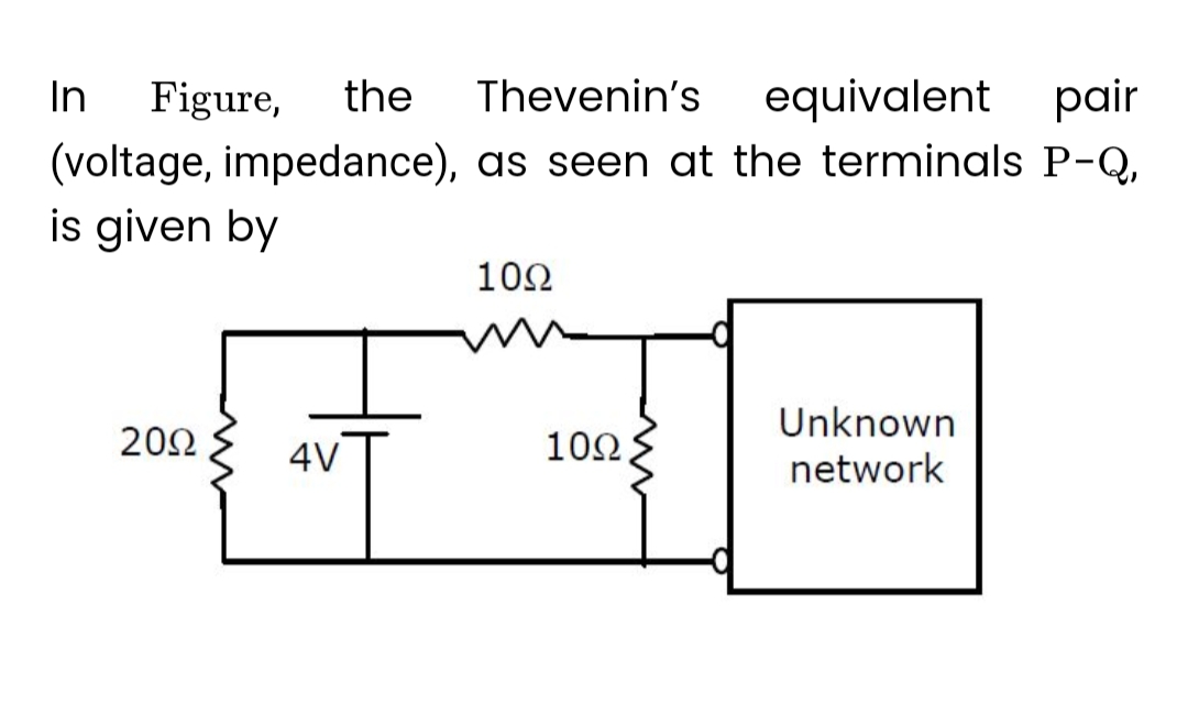 In Figure, the Thevenin's
equivalent pair
(voltage, impedance), as seen at the terminals P-Q,
is given by
20Ω
4V
10Ω
10Ω
Unknown
network