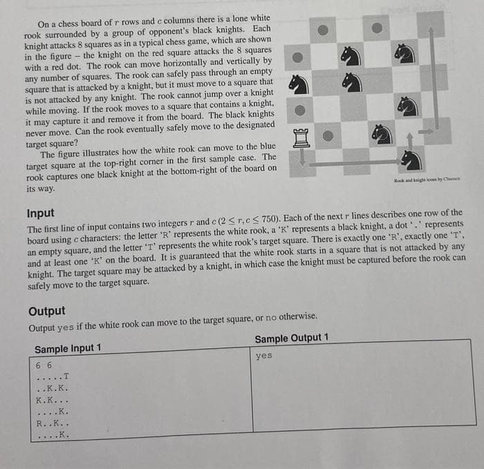 On a chess board of r rows and c columns there is a lone white
rook surrounded by a group of opponent's black knights. Each
knight attacks 8 squares as in a typical chess game, which are shown
in the figure - the knight on the red square attacks the 8 squares
with a red dot. The rook can move horizontally and vertically by
any number of squares. The rook can safely pass through an empty
square that is attacked by a knight, but it must move to a square that
is not attacked by any knight. The rook cannot jump over a knight
while moving. If the rook moves to a square that contains a knight,
it may capture it and remove it from the board. The black knights.
never move. Can the rook eventually safely move to the designated
target square?
The figure illustrates how the white rook can move to the blue
target square at the top-right corner in the first sample case. The
rook captures one black knight at the bottom-right of the board on
its way.
Rok nd kight lcoes by Chunen
Input
The first line of input contains two integers r and c (2 <r,c< 750). Each of the next r lines describes one row of the
board using c characters: the letter 'R' represents the white rook, a 'K' represents a black knight, a dot '. represents
an empty square, and the letter 'T' represents the white rook's target square. There is exactly one 'R', exactly one 'T',
and at least one 'K' on the board. It is guaranteed that the white rook starts in a square that is not attacked by any
knight. The target square may be attacked by a knight, in which case the knight must be captured before the rook can
safely move to the target square.
Output
Output yes if the white rook can move to the target square, or no otherwise.
Sample Input 1
Sample Output 1
6 6
yes
.....T
..K.K.
К.к...
....K.
R..K..
....K.
