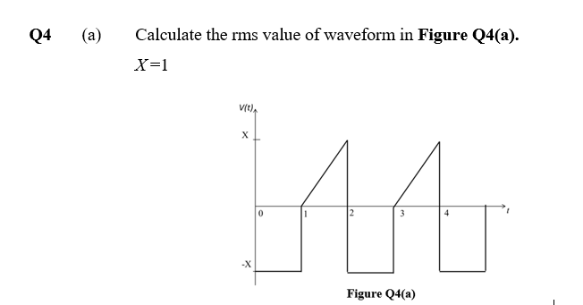 Q4
(a)
Calculate the rms value of waveform in Figure Q4(a).
X=1
V(t).
3
Figure Q4(a)
