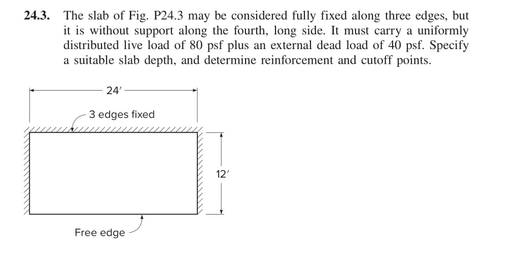 24.3. The slab of Fig. P24.3 may be considered fully fixed along three edges, but
it is without support along the fourth, long side. It must carry a uniformly
distributed live load of 80 psf plus an external dead load of 40 psf. Specify
a suitable slab depth, and determine reinforcement and cutoff points.
24'
3 edges fixed
Free edge
12'