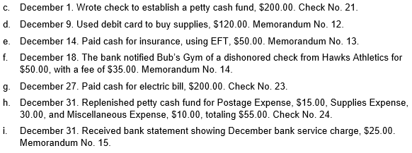 C. December 1. Wrote check to establish a petty cash fund, $200.00. Check No. 21.
d. December 9. Used debit card to buy supplies, $120.00. Memorandum No. 12.
e. December 14. Paid cash for insurance, using EFT, $50.00. Memorandum No. 13.
f. December 18. The bank notified Bub's Gym of a dishonored check from Hawks Athletics for
$50.00, with a fee of $35.00. Memorandum No. 14.
g.
h.
i.
December 27. Paid cash for electric bill, $200.00. Check No. 23.
December 31. Replenished petty cash fund for Postage Expense, $15.00, Supplies Expense,
30.00, and Miscellaneous Expense, $10.00, totaling $55.00. Check No. 24.
December 31. Received bank statement showing December bank service charge, $25.00.
Memorandum No. 15.
