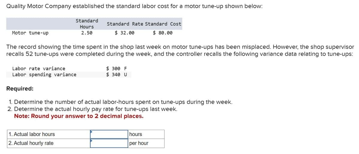 Quality Motor Company established the standard labor cost for a motor tune-up shown below:
Motor tune-up
Standard
Hours
2.50
Standard Rate Standard Cost
$ 32.00
$ 80.00
The record showing the time spent in the shop last week on motor tune-ups has been misplaced. However, the shop supervisor
recalls 52 tune-ups were completed during the week, and the controller recalls the following variance data relating to tune-ups:
Labor rate variance
Labor spending variance
Required:
$ 300 F
$ 340 U
1. Determine the number of actual labor-hours spent on tune-ups during the week.
2. Determine the actual hourly pay rate for tune-ups last week.
Note: Round your answer to 2 decimal places.
1. Actual labor hours
2. Actual hourly rate
hours
per hour