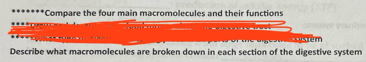 *******Compare the four main macromolecules and their functions
the digestystem
Describe what macromolecules are broken down in each section of the digestive system