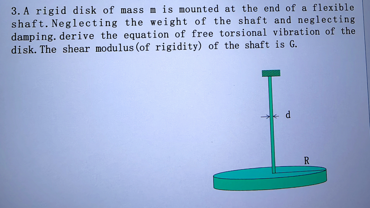 3. A rigid disk of mass m is mounted at the end of a flexible
shaft. Neglecting the weight of the shaft and neglecting
damping. derive the equation of free torsional vibration of the
disk. The shear modulus (of rigidity) of the shaft is G.
- d
R