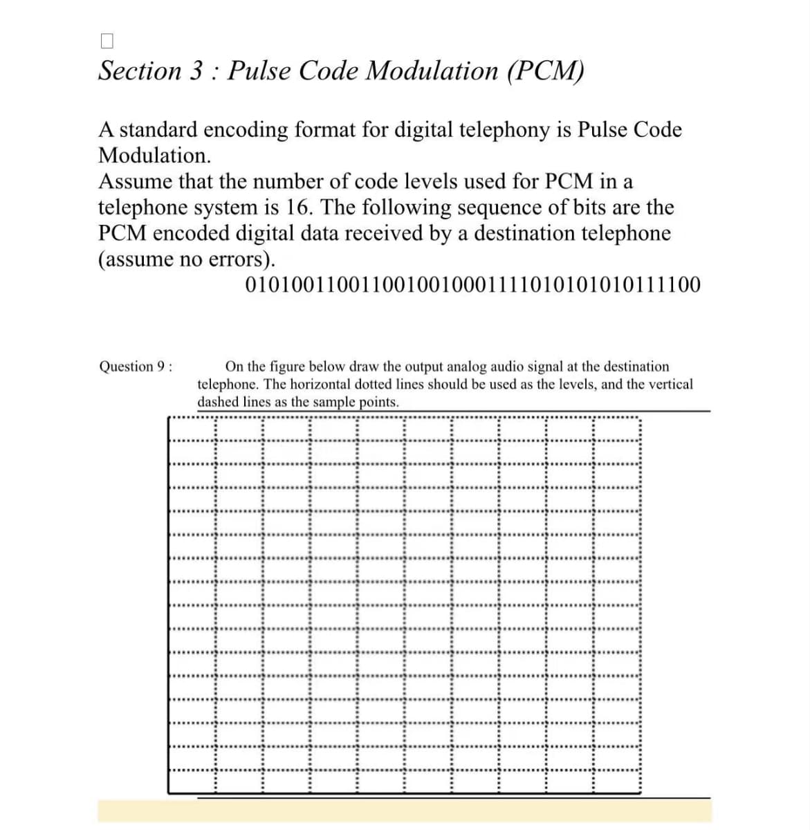 Section 3: Pulse Code Modulation (PCM)
A standard encoding format for digital telephony is Pulse Code
Modulation.
Assume that the number of code levels used for PCM in a
telephone system is 16. The following sequence of bits are the
PCM encoded digital data received by a destination telephone
(assume no errors).
Question 9:
0101001100110010010001111010101010111100
On the figure below draw the output analog audio signal at the destination
telephone. The horizontal dotted lines should be used as the levels, and the vertical
dashed lines as the sample points.