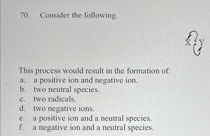 70. Consider the following.
This process would result in the formation of:
a positive ion and negative ion.
a.
b. two neutral species.
C.
two radicals.
d. two negative ions.
e.
f.
a positive ion and a neutral species.
a negative ion and a neutral species.
n