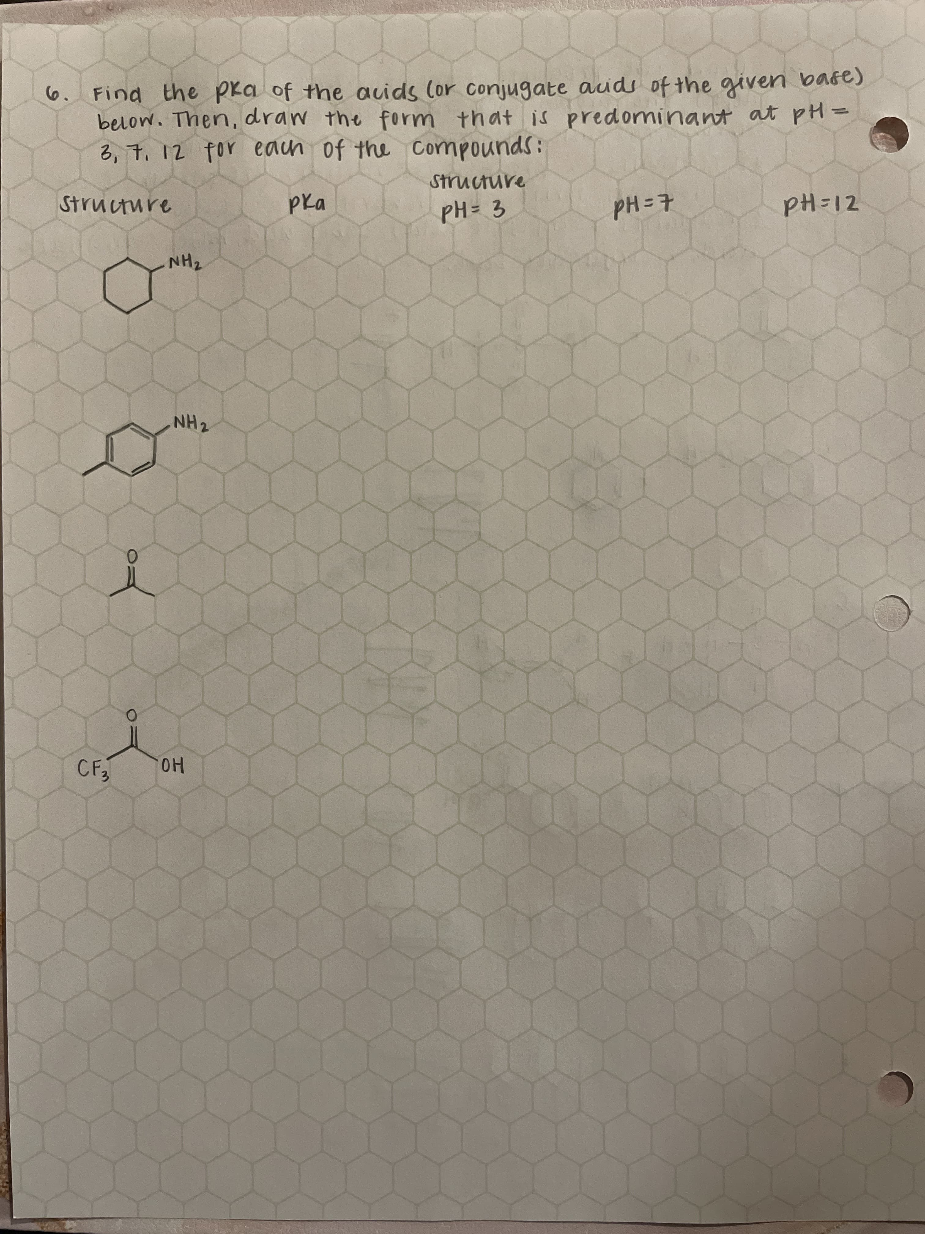 Find the pka of the acids (or conjugate auds of the given base)
below. Then, draw the form that is predominant at pH=
3, 7, 12 for each of the Compounds:
%3D
Structure
Structure
PH =7
PH=12
NH2
HN
CF
но
