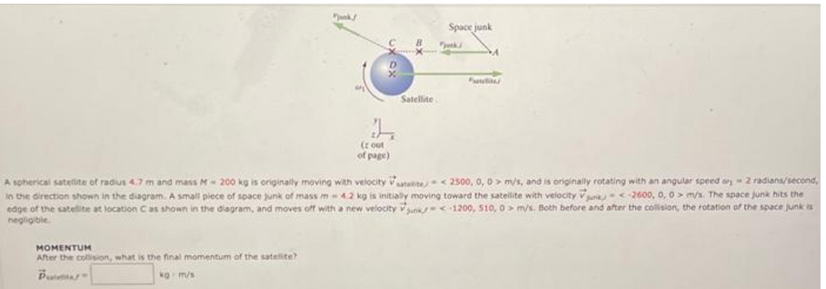 Jank/
MOMENTUM
After the collision, what is the final momentum of the satelite?
Pan
kg m/s
L
(out
of page)
Satellite
Space junk
A spherical satellite of radius 4.7 m and mass M-200 kg is originally moving with velocity satellite <2500, 0, 0 m/s, and is originally rotating with an angular speed or 2 radians/second,
in the direction shown in the diagram. A small piece of space junk of mass m 4.2 kg is initially moving toward the satellite with velocity junk,/< 2600, 0, 0 m/s. The space junk hits the
edge of the satellite at location C as shown in the diagram, and moves off with a new velocity junk-1200, 510, 0 m/s. Both before and after the collision, the rotation of the space junk is
negligible.