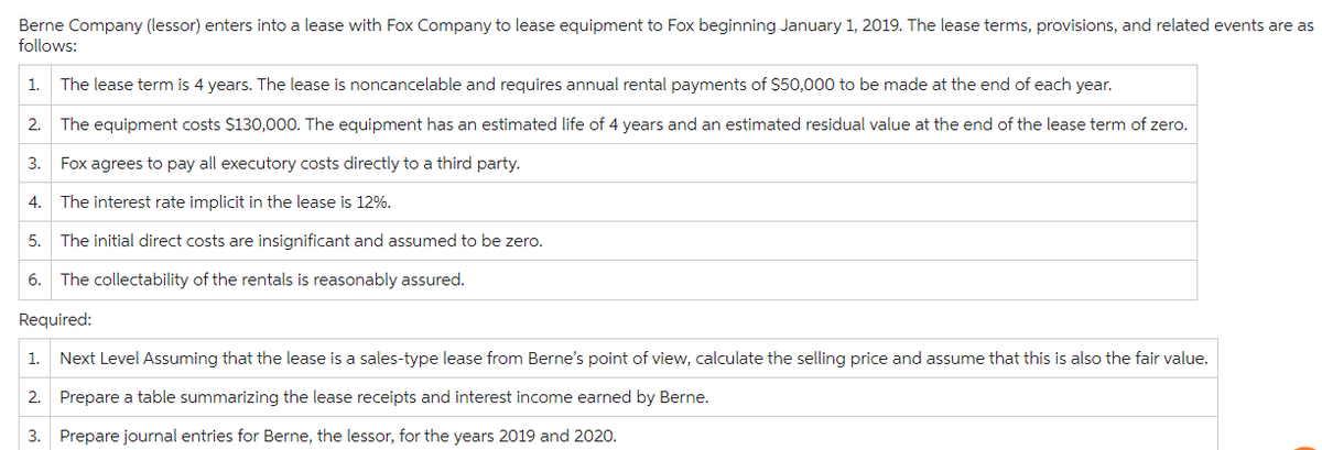 Berne Company (lessor) enters into a lease with Fox Company to lease equipment to Fox beginning January 1, 2019. The lease terms, provisions, and related events are as
follows:
1. The lease term is 4 years. The lease is noncancelable and requires annual rental payments of $50,000 to be made at the end of each year.
The equipment costs $130,000. The equipment has an estimated life of 4 years and an estimated residual value at the end of the lease term of zero.
Fox agrees to pay all executory costs directly to a third party.
4. The interest rate implicit in the lease is 12%.
5. The initial direct costs are insignificant and assumed to be zero.
6. The collectability of the rentals is reasonably assured.
Required:
2.
3.
1. Next Level Assuming that the lease is a sales-type lease from Berne's point of view, calculate the selling price and assume that this is also the fair value.
2. Prepare a table summarizing the lease receipts and interest income earned by Berne.
3. Prepare journal entries for Berne, the lessor, for the years 2019 and 2020.