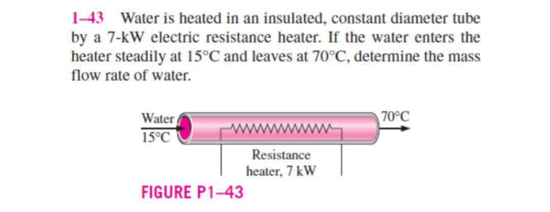 1-43 Water is heated in an insulated, constant diameter tube
by a 7-kW electric resistance heater. If the water enters the
heater steadily at 15°C and leaves at 70°C, determine the mass
flow rate of water.
Water
15°C
FIGURE P1-43
Resistance
heater, 7 kW
70°C