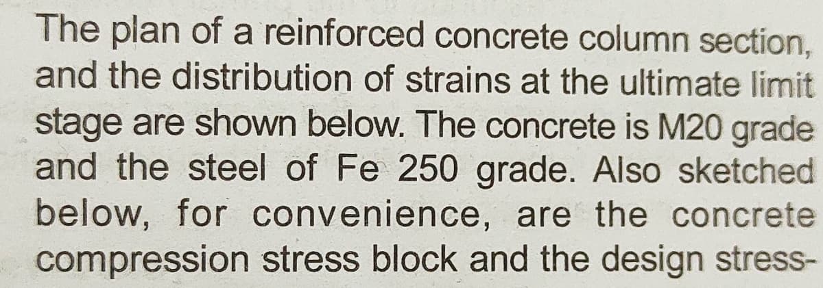 The plan of a reinforced concrete column section,
and the distribution of strains at the ultimate limit
stage are shown below. The concrete is M20 grade
and the steel of Fe 250 grade. Also sketched
below, for convenience, are the concrete
compression stress block and the design stress-
