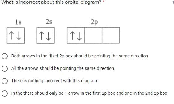 What is incorrect about this orbital diagram? *
1s
2s
2p
Both arrows in the filled 2p box should be pointing the same direction
O All the arrows should be pointing the same direction.
O There is nothing incorrect with this diagram
O In the there should only be 1 arrow in the first 2p box and one in the 2nd 2p box
