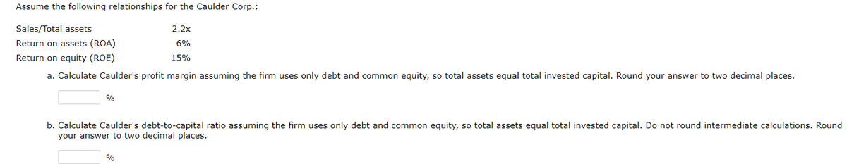 Assume the following relationships for the Caulder Corp.:
Sales/Total assets
2.2x
Return on assets (ROA)
6%
Return on equity (ROE)
15%
a. Calculate Caulder's profit margin assuming the firm uses only debt and common equity, so total assets equal total invested capital. Round your answer to two decimal places.
%
b. Calculate Caulder's debt-to-capital ratio assuming the firm uses only debt and common equity, so total assets equal total invested capital. Do not round intermediate calculations. Round
your answer to two decimal places.
%
