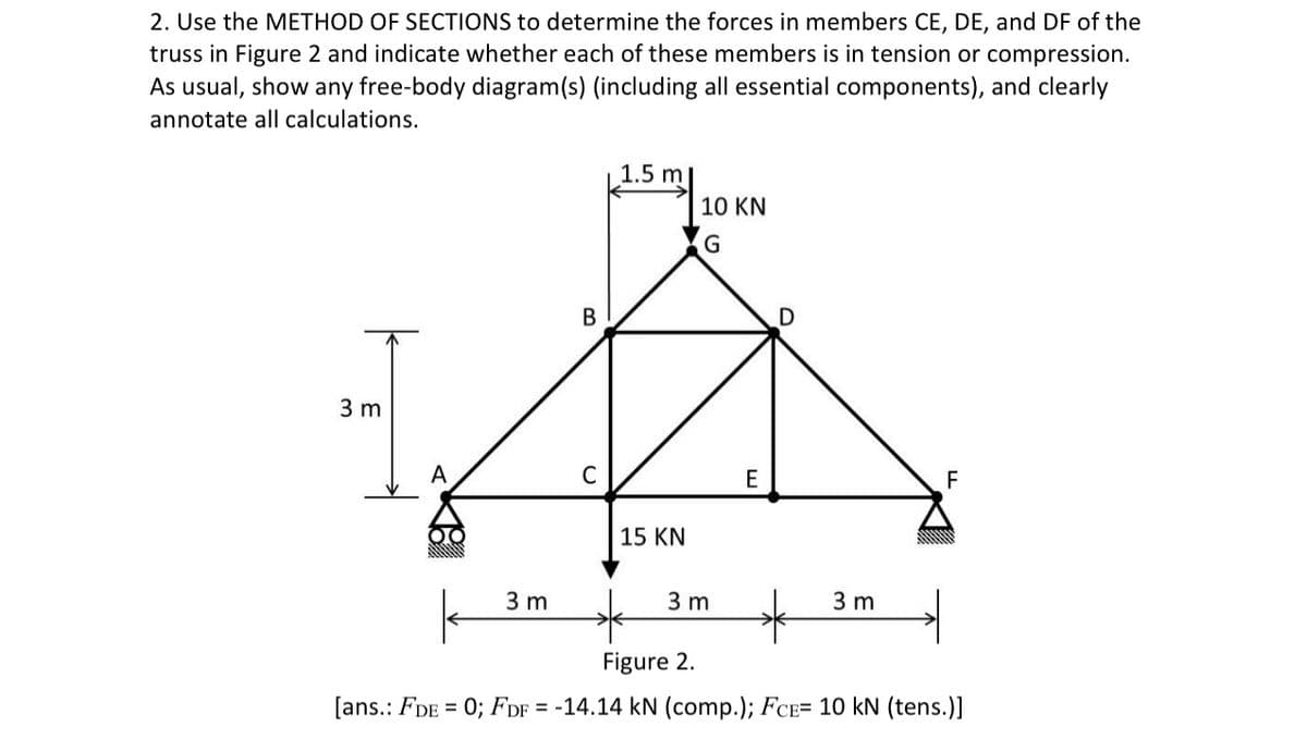 2. Use the METHOD OF SECTIONS to determine the forces in members CE, DE, and DF of the
truss in Figure 2 and indicate whether each of these members is in tension or compression.
As usual, show any free-body diagram(s) (including all essential components), and clearly
annotate all calculations.
1.5 m
10 KN
G
В
3 m
A
C
F
15 KN
3 m
3 m
3 m
Figure 2.
[ans.: FDE = 0; FDF = -14.14 kN (comp.); FCE= 10 kN (tens.)]
