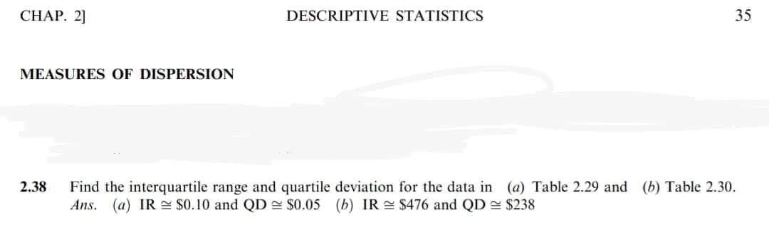 CHAP. 2]
MEASURES OF DISPERSION
2.38
DESCRIPTIVE STATISTICS
35
Find the interquartile range and quartile deviation for the data in (a) Table 2.29 and (b) Table 2.30.
Ans. (a) IR $0.10 and QD ≈ $0.05 (b) IR≈ $476 and QD ≈ $238