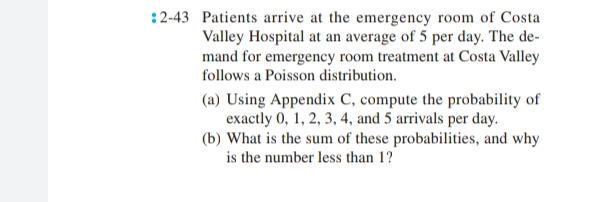 :2-43 Patients arrive at the emergency room of Costa
Valley Hospital at an average of 5 per day. The de-
mand for emergency room treatment at Costa Valley
follows a Poisson distribution.
(a) Using Appendix C, compute the probability of
exactly 0, 1, 2, 3, 4, and 5 arrivals per day.
(b) What is the sum of these probabilities, and why
is the number less than 1?