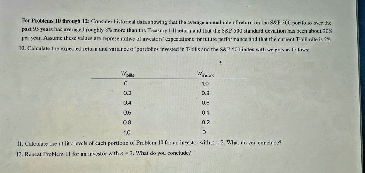 For Problems 10 through 12: Consider historical data showing that the average annual rate of return on the S&P 500 portfolio over the
past 95 years has averaged roughly 8% more than the Treasury bill return and that the S&P 500 standard deviation has been about 20%
per year. Assume these values are representative of investors' expectations for future performance and that the current T-bill rate is 2%.
10. Calculate the expected return and variance of portfolios invested in T-bills and the S&P 500 index with weights as follows:
W
bills
0
Windex
1.0
0.2
0.8
0.4
0.6
0.6
0.4
0.8
0.2
1.0
0
11. Calculate the utility levels of each portfolio of Problem 10 for an investor with A = 2. What do you conclude?
12. Repeat Problem 11 for an investor with A = 3. What do you conclude?