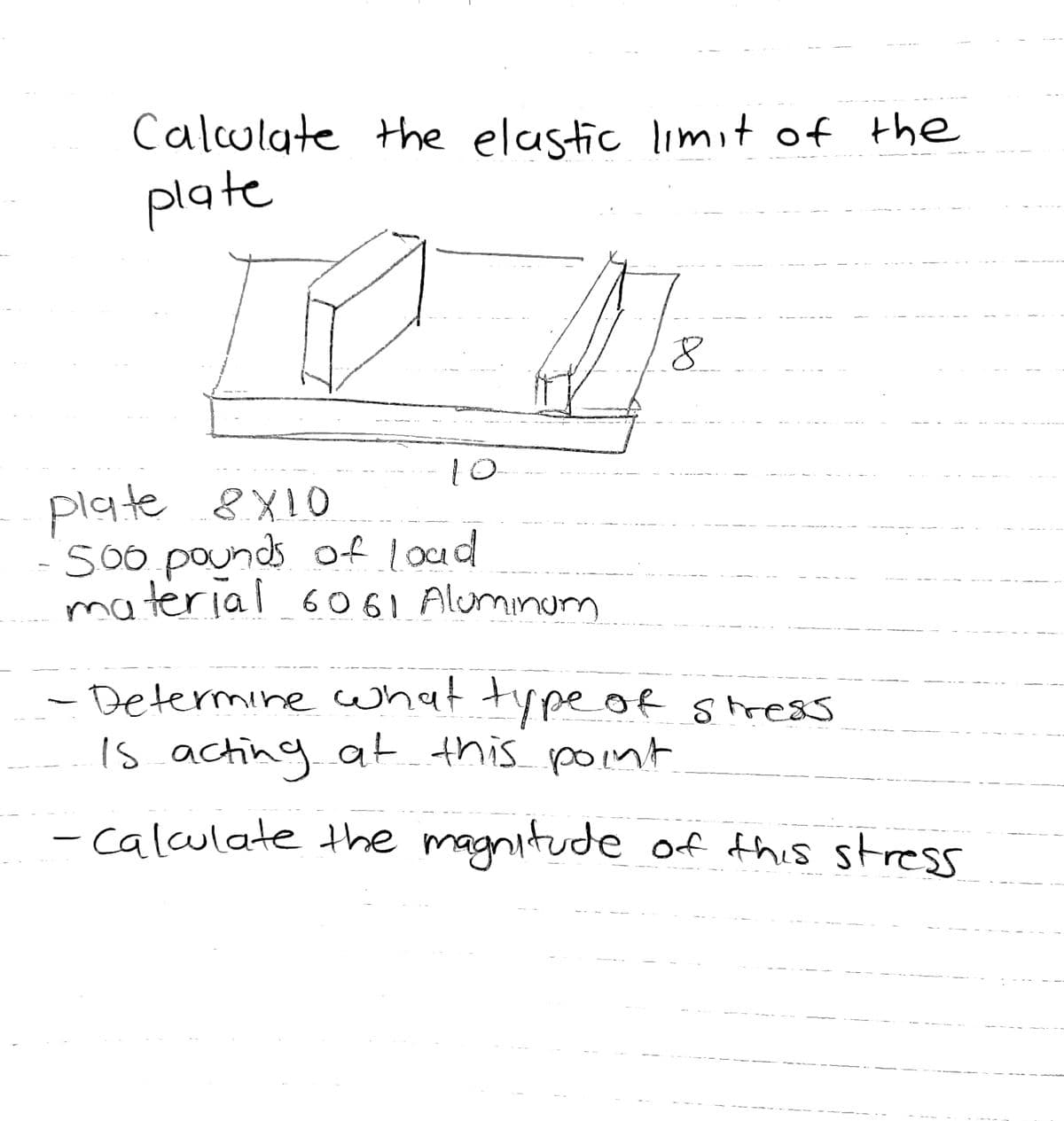 Calculate the elustic limit of the
plate
10
plate 8X0
- S00 pounds of load
material 6061 Aluminum
- Determine whattypeof stress
is acting at this point
-calculate the magnitude of this stress
