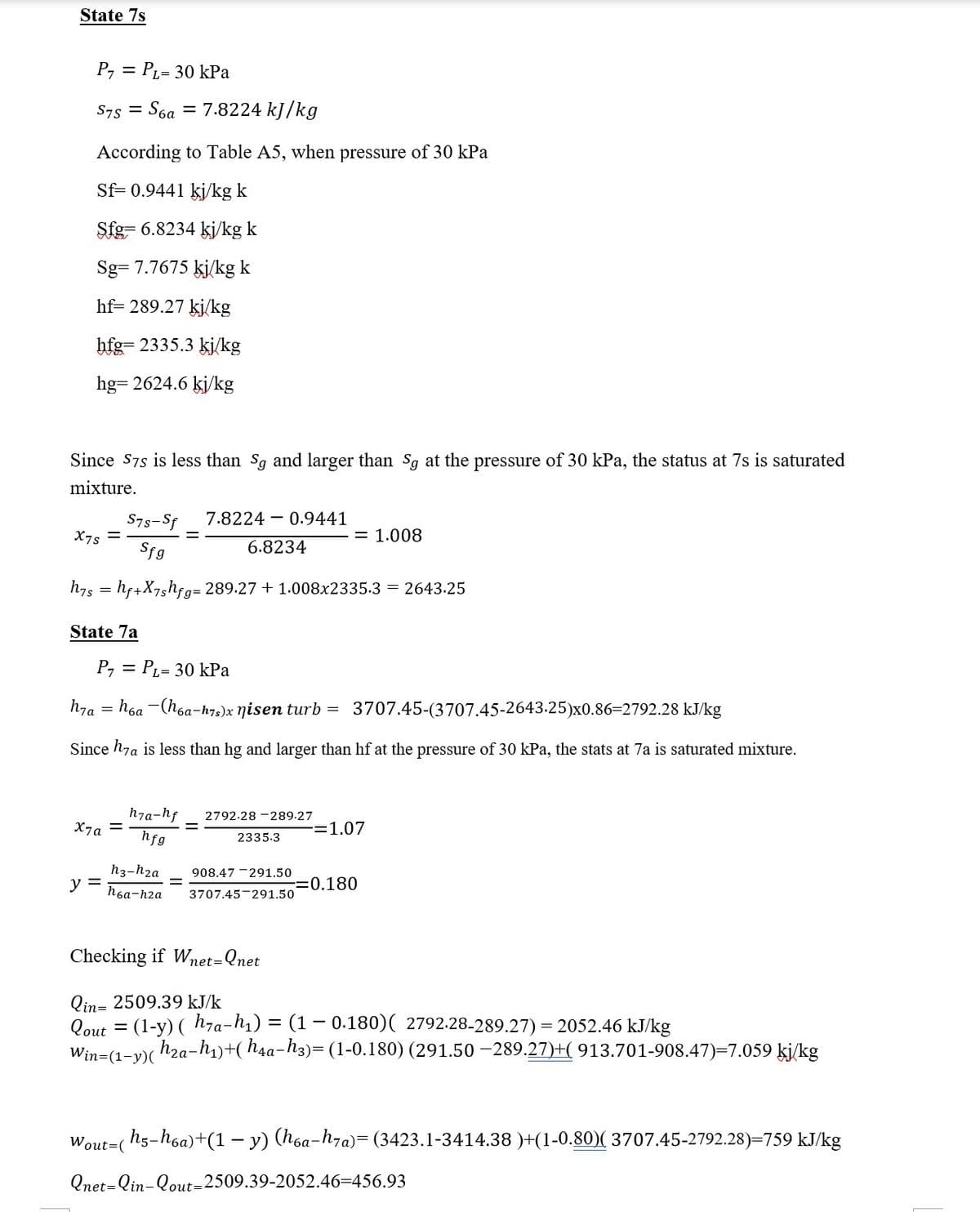 State 7s
P₁ = PL= 30 kPa
S75 = S6a
According to Table A5, when pressure of 30 kPa
Sf= 0.9441 kj/kg k
Sfg= 6.8234 kj/kg k
Sg- 7.7675 kj/kg k
hf=289.27 kj/kg
hfg=2335.3 kj/kg
hg=2624.6 kj/kg
Since S7s is less than Sg and larger than Sg at the pressure of 30 kPa, the status at 7s is saturated
mixture.
X7s =
= 7.8224 kJ/kg
X7a =
S7s-Sf 7.8224 0.9441
Sfg
y =
h7s = hf+X7shfg=289.27 +1.008x2335.3 = 2643.25
State 7a
6.8234
P₁ = PL= 30 kPa
hja
=h6a-(hoa-h7s)x nisen turb = 3707.45-(3707.45-2643.25)x0.86=2792.28 kJ/kg
Since h7a is less than hg and larger than hf at the pressure of 30 kPa, the stats at 7a is saturated mixture.
h7a-hf 2792.28 289.27
hfg
Wout=(
= 1.008
2335.3
h3-h₂a 908.47 291.50
h6а-h2а 3707.45 291.50
-=1.07
=0.180
Checking if Wnet=Qnet
Qin 2509.39 kJ/k
Qout = (1-y) ( h-a-h₁) = (1 − 0.180)( 2792.28-289.27) = 2052.46 kJ/kg
Win=(1-y)(
h₂a-h₁)+(h4a-h3)= (1-0.180) (291.50 -289.27)+(913.701-908.47)=7.059 kj/kg
h5-h6a)+(1 - y) (hoa-h7a)= (3423.1-3414.38 )+(1-0.80)(3707.45-2792.28)=759 kJ/kg
Qnet-lin-Qout-2509.39-2052.46-456.93