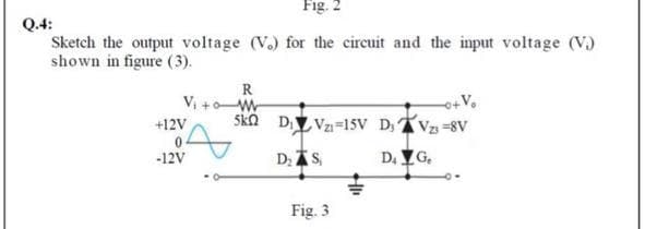 Fig. 2
Q.4:
Sketch the output voltage (V.) for the circuit and the input voltage (V.)
shown in figure (3).
R
V, +oW
+12V
ska D Vz=15V D,Vz =8V
D; AS,
D. YG.
-12V
Fig. 3
